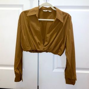 Zara V - Neck Lapel Collar Cropped Brown Shirt Size M